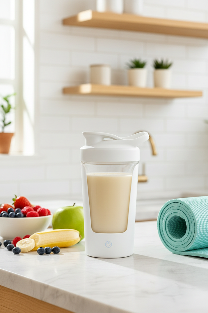 Morning wellness routine with shaker cup