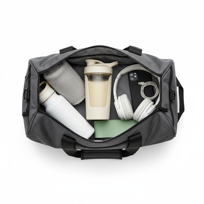 Gym bag essentials flat lay