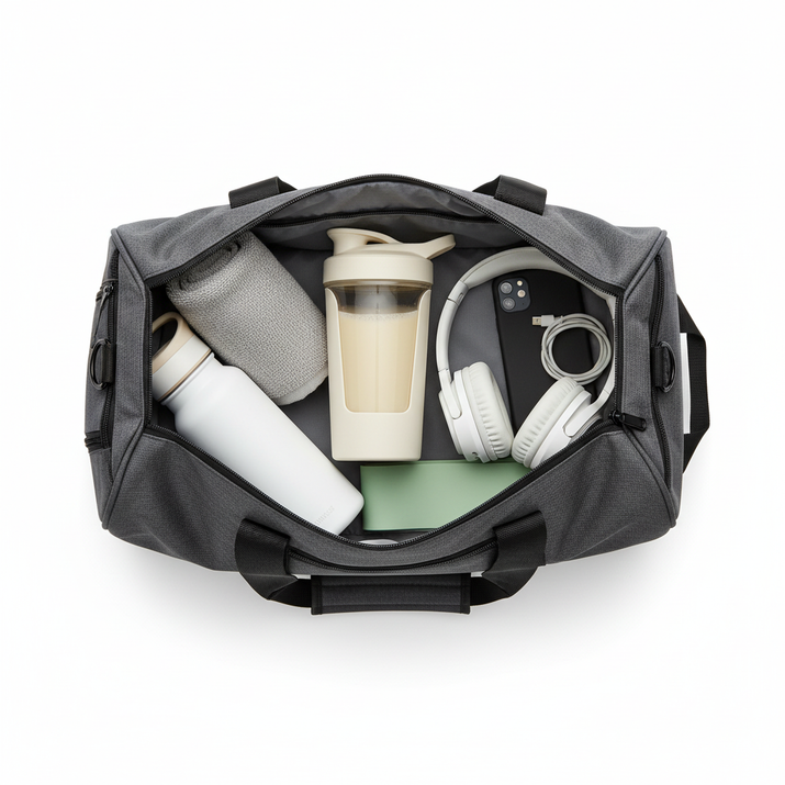 Gym bag essentials flat lay